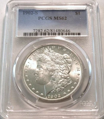 1902 年 S 版 1 美元 PCGS 评级 MS 62 摩根银元,更好,半钥匙日期未流通 — 第 1/4 张图片