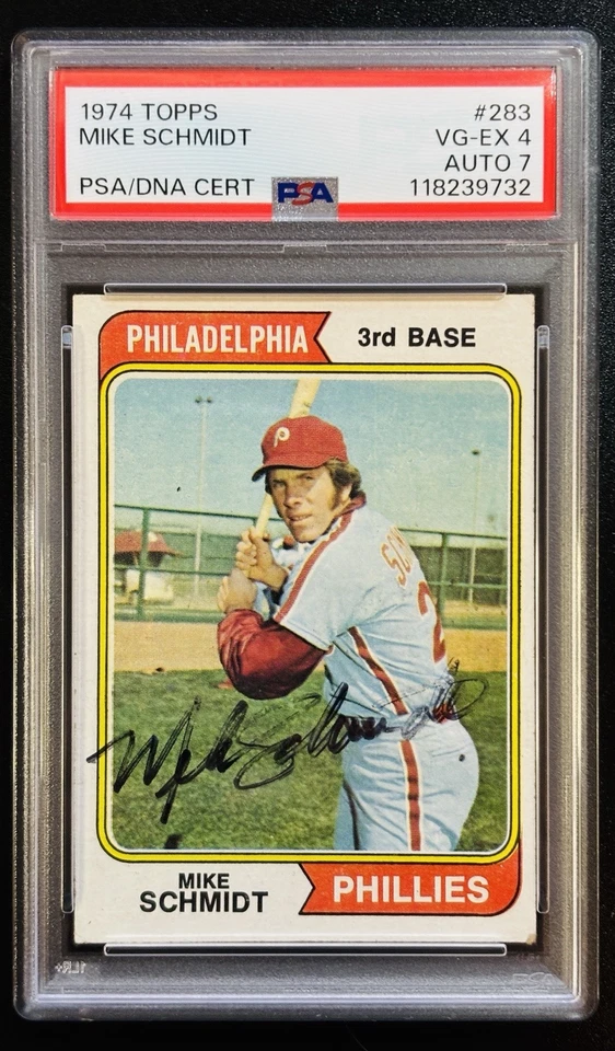 Tarjeta de segundo año Topps 1974 firmada por Mike Schmidt Phillies #283 PSA 4 AUTO 7 Foto 1 de 2
