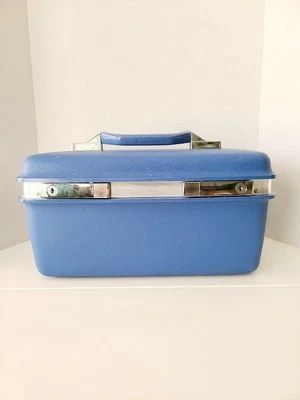 老式 20 世纪 60 年代 SAMSONITE VANITY 火车旅行箱蓝色带镜面无钥匙 — 第 1/4 张图片