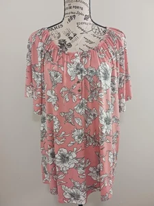 Notations Woman Blouse Womens 2X Pink White Floral Short Sleeve Tunic Top New - Picture 1 of 5