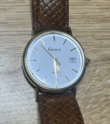 Geneve 14k Solid Gold Watch With Genuine Calf Leather Band - Image 1 of 4