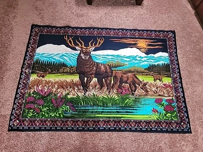 VTG Wall Tapestry Hanging ELK Velvet Style Wall Art Fabric Forest 57x39 Vivid - Image 1 of 4