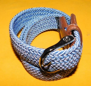 BELTOLOGY LIGHT BLUE/WHITE STRETCH FABRIC WITH LEATHER TABS NWOT BELT SIZE 36". - Picture 1 of 6