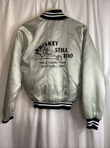 VTG HARTWELL SATIN BOMBER SNAP JACKET WISKEY STILL TOO SIZE S SILVER 80's USA - Picture 1 of 14