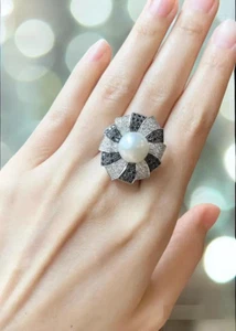 Solitaire Fancy Pearl With Simulated Onyx & Sapphire Stylish Party Women's Ring - Picture 1 of 11