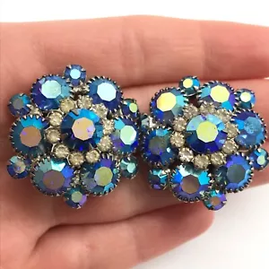 Vintage blau AB Strass Cluster High End klobig Statement Clip On Ohrringe - Bild 1 von 5