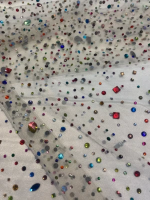 Beaded Multicolor Rhinestone Bridal on ivory mesh fabric, 54 inches wide - Image 1 of 2