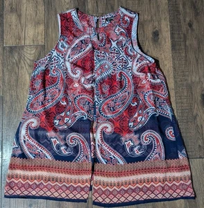 Roz & Ali Womens Red White & Blue Paisley Chiffon Split Tunic Size 2X Rhinestone - Picture 1 of 14