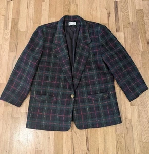 ALFRED DUNNER Navy Green Red Plaid Wool Jacket Blazer Womens XL VTG - Picture 1 of 16