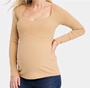 Isabel Maternity Women's Tan Ribbed Corsetry Long Sleeve Top Size Large - Picture 1 of 8