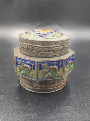 Vintage Chinese Enamel & Brass Cloisonne Tea Caddy Jar Octagonal *Flawed - Image 1 of 4