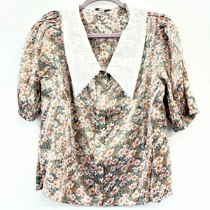 POLYGRAM Pink Floral Top with Lace Peter Pan Collar Womens M Metallic Sheen - Picture 1 of 11