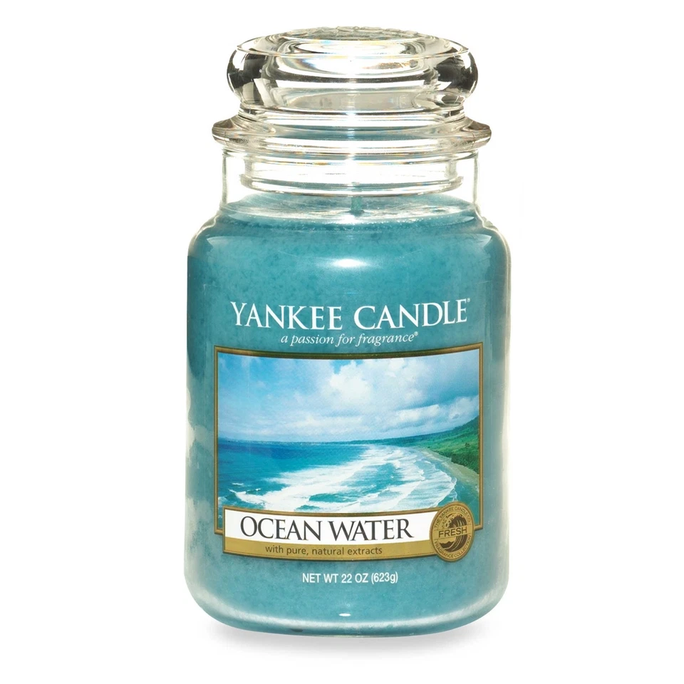 Yankee Candle Ocean Water Scent Glass Round Jar With Clear Lid 22 Oz Blue