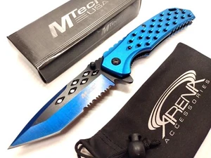 Ballistic Blue Pocket Knife Serrated Tanto EDC Blade Spring Assisted Flipper - Picture 1 of 5