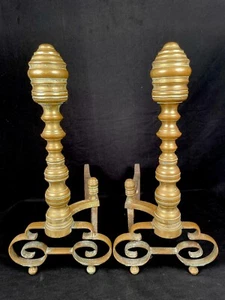 ••Pair Antique Brass American Federal Revival Beehive Andirons C. Early 1900s - Picture 1 of 17