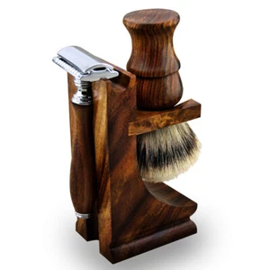 Holz 3-teiliges Rasierset für Herren mit Silberspitze Haarbürste, DE Sicherheitsrasierer - Bild 1 von 3