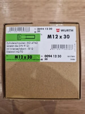 █▓▒░ ★ BOULONS / VIS 6 PANS CREUX M 12x30 MM INOX A2 - WURTH 00941230 NEUF ★░▒▓█ - Photo 1/3