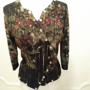 BOHO CHK NWOT Fiera Milan black print cotton top sz L - Picture 1 of 3