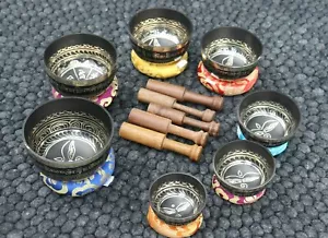 Stunning set of 7 Black mantra singing bowls, Tibetan bowls for meditation, yoga - Picture 1 of 10