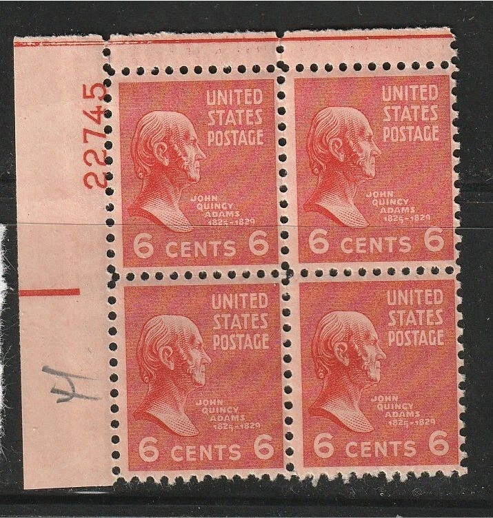 U.S. 1937 John Q Adams 6 cent PLATE BLOCK Scott # 811 Mint MNH @ ***See Pic*** - Image 1 of 1