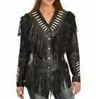Women Western Style Real Leather Jacket Fringes & Bead Work - Black Real Leather