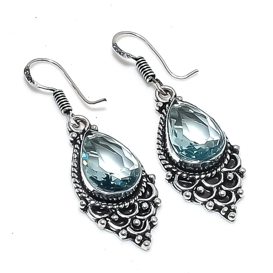 Aquamarine Gemstone Handmade 925 Sterling Silver Jewelry Earrings Size 1.95" - Image 1 of 1