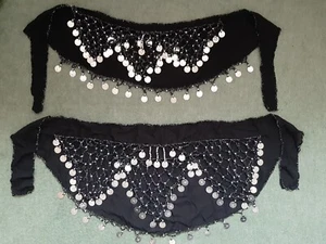 WOMENS BLACK BEAD EVIL EYE TURKISH BELLY DANCE COSTUME WRAP TOP & SKIRT UK 8-10 - Picture 1 of 7