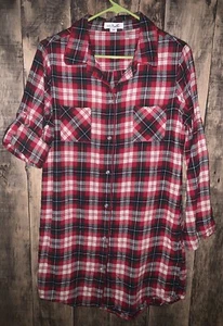 NEW Simply Noelle Flannel Tunic Top Sleepshirt Roll Tab S/M 8 10 Button Front - Picture 1 of 5