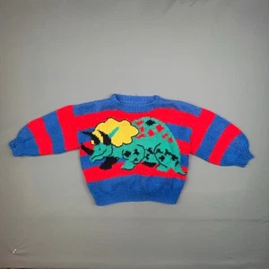 Handmade Dragon Knit Sweater Kids Size M-L | Bold Stripes Colorful Graphic - Picture 1 of 7