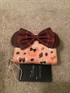 LOUNGEFLY DISNEY MINNIE MOUSE PLAID BOW FALL AOP SMALL WALLET ~ TAGS~ BRAND NEW~ - Picture 1 of 3
