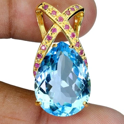 925 Sterling Silver Pendant Pear Sky Blue Topaz 20x15mm Ruby Gemstone Jewelry - Image 1 of 4