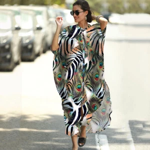 Beautiful One Size Kimono Beachwear Cover-Up Kaftan Gown Long Dress - Peacock - Picture 1 of 8