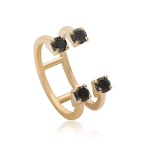 14K Gold Black Lab-Created Diamond Double Band Open Cuff Ring-Gift For Mother's - Picture 1 of 8