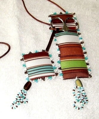 Turquoise Brown Stripe Beaded Ribbon Scissor Case & Pincushion W/ Scissor - NEW - Image 1 of 3