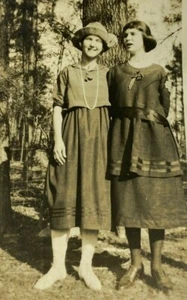 Two Young Women Standing By Tree B&W Photograph 2.75 x 4.5 - Picture 1 of 3