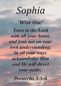 Tarjeta de significado de nombre de recuerdo de Sofía "Sabia" con versículo bíblico - Imagen 1 de 1