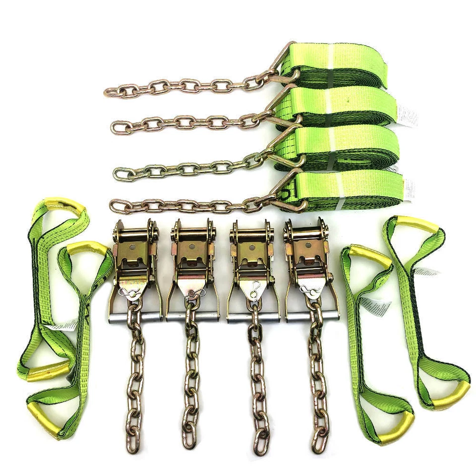 8 POINT TIE DOWN Kit Hi-VIZ Green Straps w/chain ends Rollback Flatbed Tow Truck - Image 1 of 2