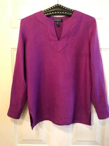 LAUREN RALPH LAUREN Linen Sz PS Womens Blouse Roll-Up Long Sleeve Purple Y-Neck - Picture 1 of 9
