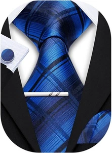 YOHOWA Striped/Plaid Men Clip on Tie with Zipper Royal Blue Black - Picture 1 of 5