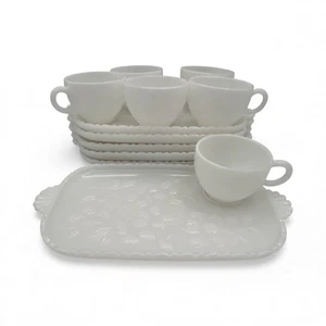 6 juegos de bocadillos de vidrio con leche con patrón de madera de perro Hazel Atlas vintage de 1930 taza y plato - Imagen 1 de 12