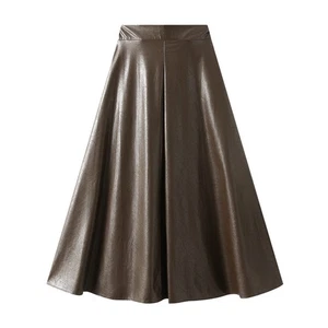 Ladies PU Leather Skirt Womens A-line Big Swing Casual Retro Half Dress Pleated - Picture 1 of 10