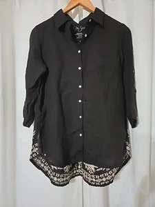 Kyla SEO bestickt 100 % Leinen schwarz Blumen Boho Küste Top Damen Small - Bild 1 von 10