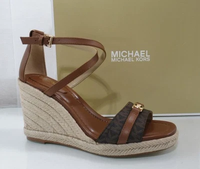Sandalias Michael Kors Mandy Alpargata Tacones Cuña Logo MK Marrón/Equipaje Talla 7 Foto 1 de 4