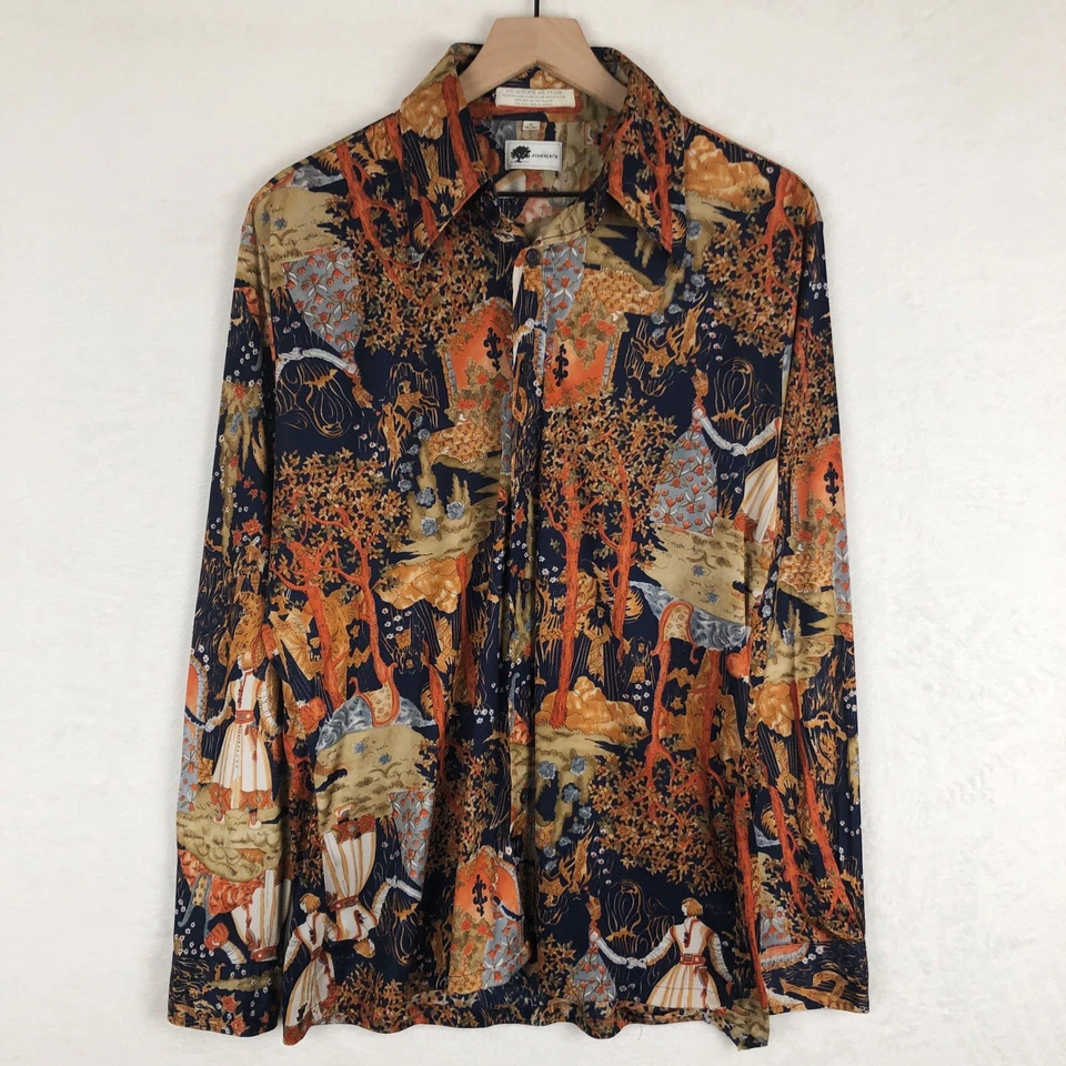 Camisa Disco Joske’s Años 70 De Colección Para Hombre Talla L Marrón Cuento de Hadas Bosque Daga Acetato Foto 1 de 4