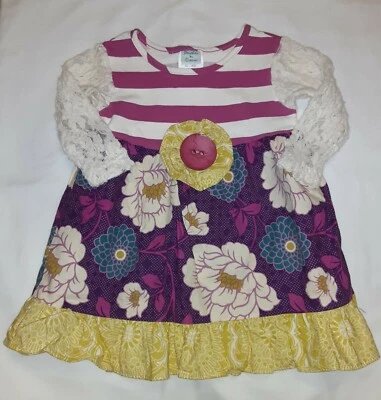 Peaches N Cream Multi Pattern Lace Sleeve Dress Floral Striped Girls 18 Months - Image 1 of 4