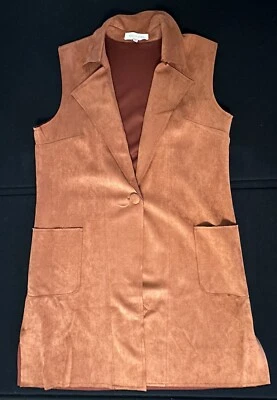 Chaleco Cárdigan Solitario Mujeres Óxido Ladrillo Oscuro Naranja Medio Largo Sin Mangas Nuevo Foto 1 de 4