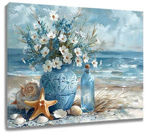 Arte de pared azul vintage floral en lienzo de playa decoración para sala de estar dormitorio - Imagen 1 de 15
