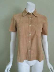 HAROLD POWELL Short Sleeve Patch Pocket Suede Blouse in Tan Size S - Picture 1 of 5