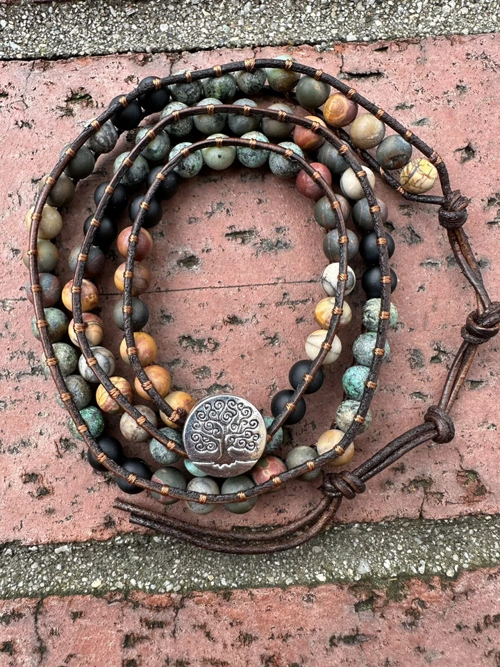 High Quality Natural Handmade Stone Bracelet  Leather Wrap Multy Color Stone Foto 1 de 4