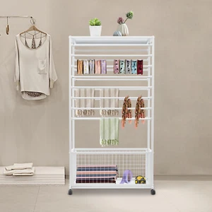 White Scarf Rack Belt Tie Hangers Organizer Iron Basket Display Stand W/ 4Wheels - Picture 1 of 12